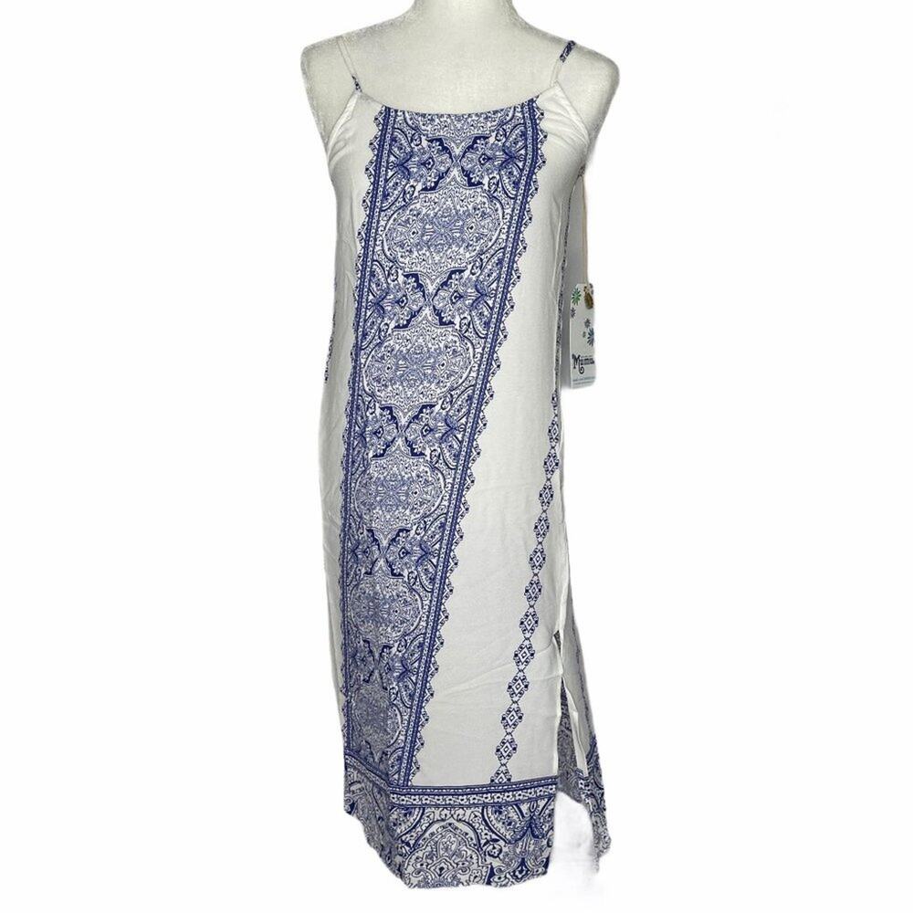 Show Me Your Mumu Blue and White Shiloh Slip Dress Spaghetti Straps Size S